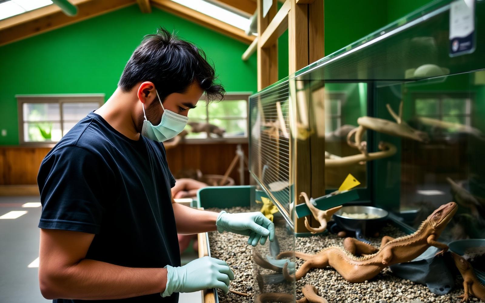 A caretaker setting up a reptile enclosure at the sanctuary